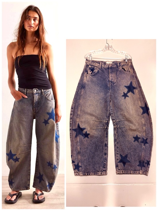We The Free Denim - NEW Free People x WTF Good Luck Shadow Patch Barrel Jeans -Dark Wash w/ Stars ⭐️